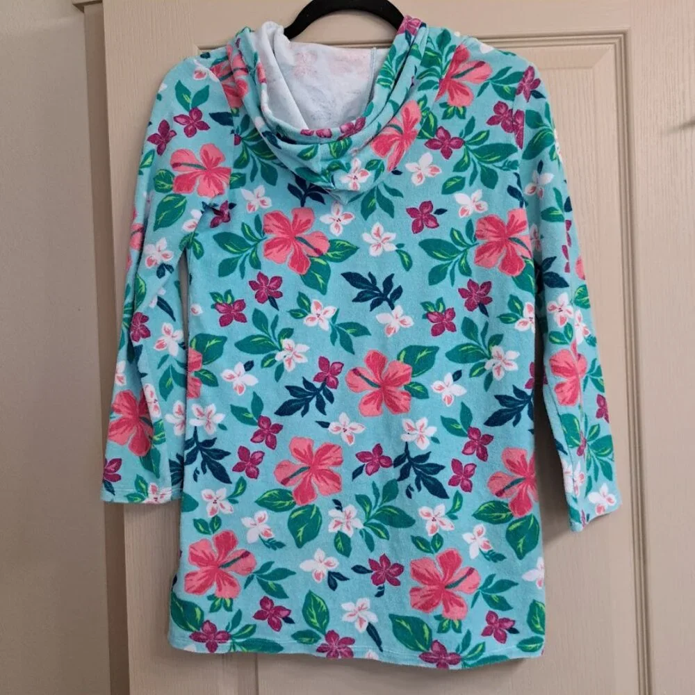 Lands End Girls large Swimsuit cover‎ towel blue  with pink flowers hood pocket